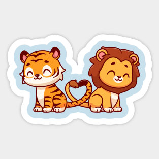 Cute Lion And Tiger Couple With Love Heart Tail Cartoon Sticker